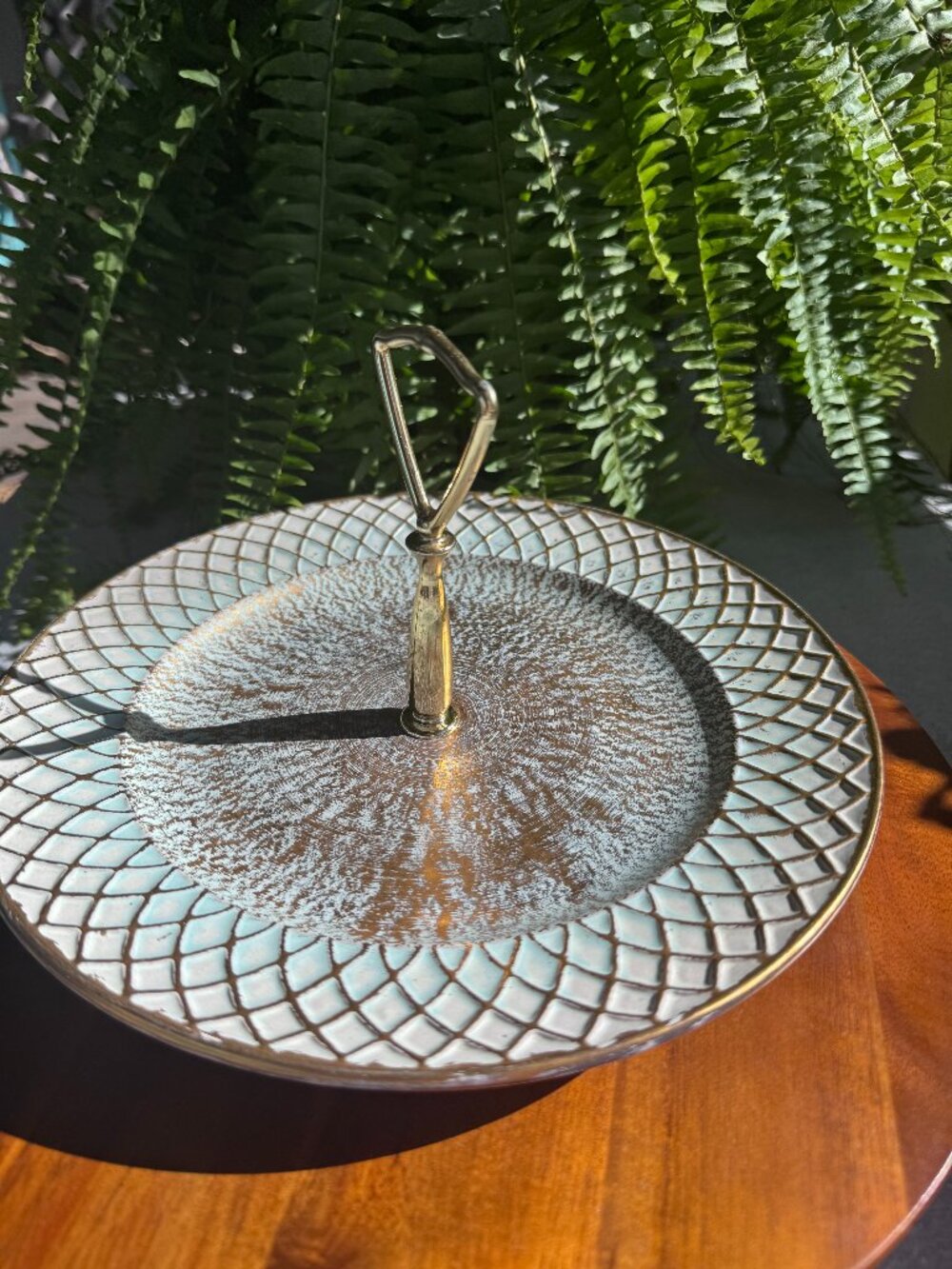 Vintage Stangl Pottery Gold and Turquoise Handled Tidbit Serving Tray